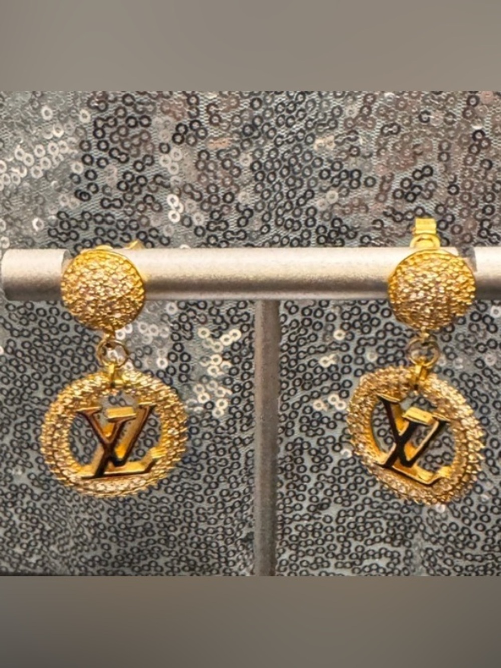 Gold LV Crystal Pavé Drop Earrings
